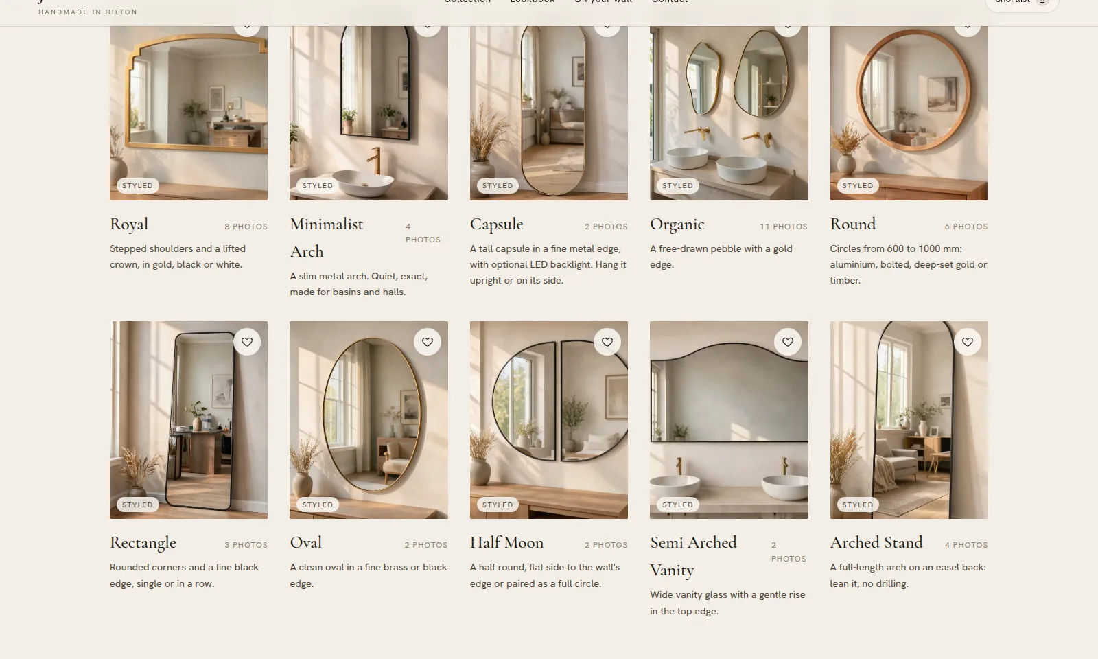 The collection grid: Royal, Minimalist Arch, Capsule, Organic, Round, Rectangle, Oval, Half Moon, Semi Arched Vanity and Arched Stand mirrors