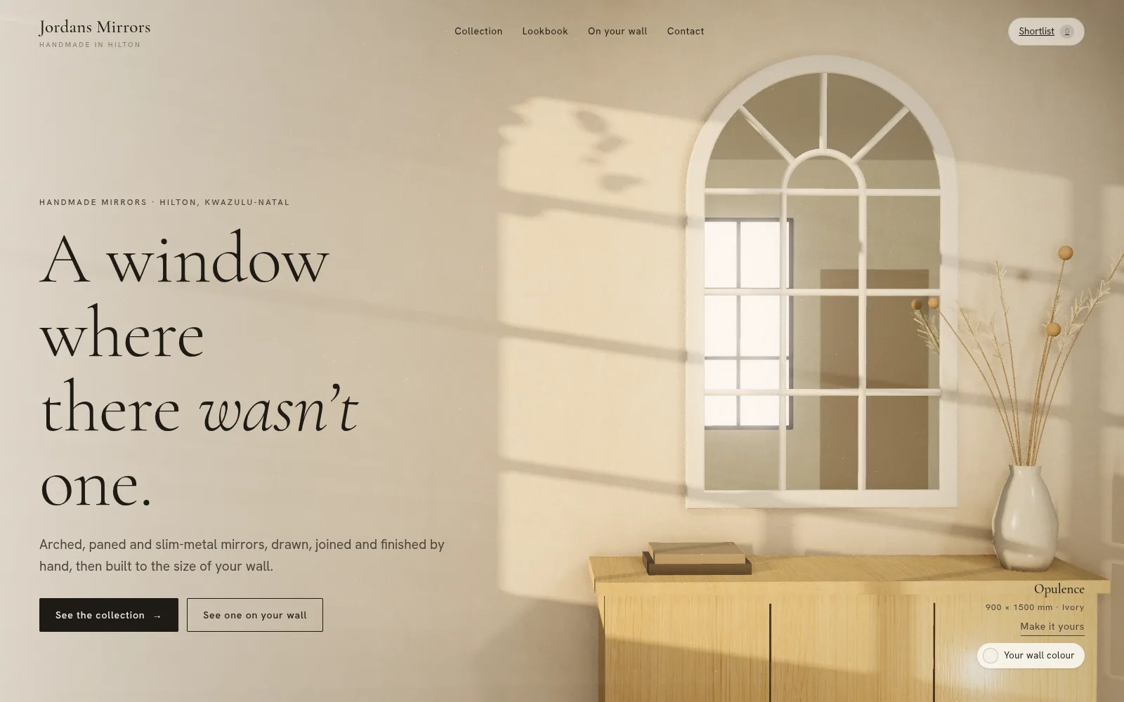 Jordans Mirrors home page: an arched white window-pane mirror on a sunlit wall above a timber sideboard, with the headline A window where there wasn't one