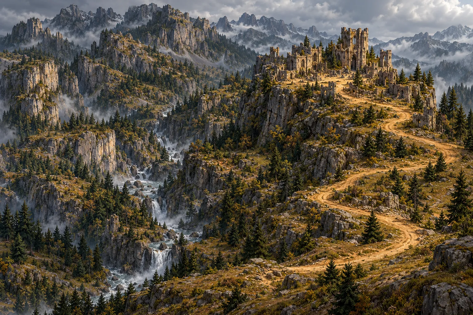 Concept art: a ruined fortress on a crag above the northwest ridges