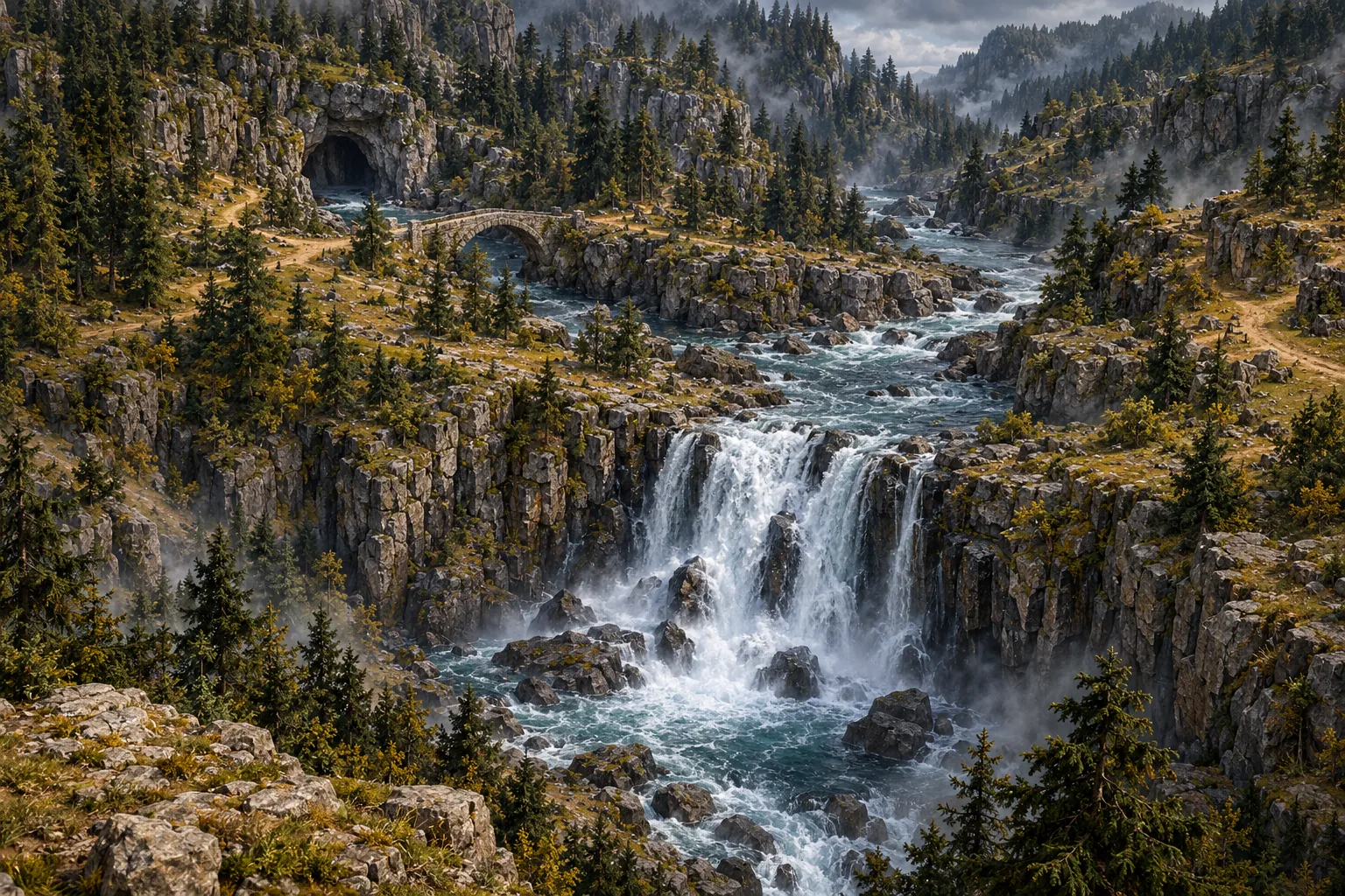 Concept art: the lower gorge ending in a wide waterfall below a stone bridge