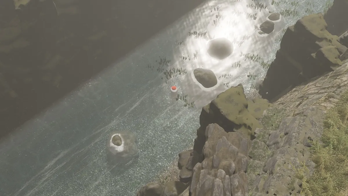 In-engine screenshot: the river gorge in the Whispering Vale, with rocky banks and white water